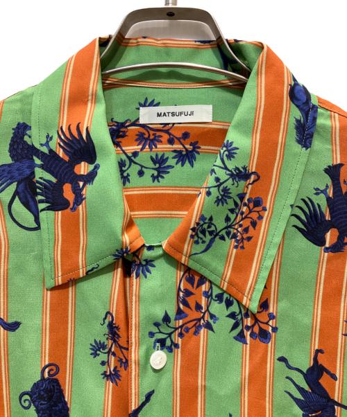 MATSUFUJI（マツフジ）MATSUFUJI (マツフジ) RARE THINGS PRINT OPEN COLLAR SHIRT グリーン×オレンジ サイズ:Lの古着・服飾アイテム