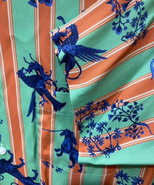 MATSUFUJI（マツフジ）MATSUFUJI (マツフジ) RARE THINGS PRINT OPEN COLLAR SHIRT グリーン×オレンジ サイズ:Lの古着・服飾アイテム