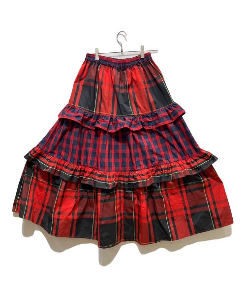 freada（フリーダ）Freada (フリーダ) チェック フリル フレア ティアード スカート レッド サイズ:ONE　SIZEの古着・服飾アイテム