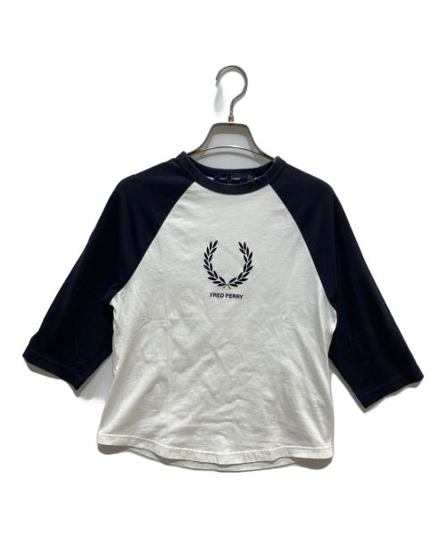 FRED PERRY（フレッドペリー）FRED PERRY (フレッドペリー) Flock Print T-Shirt ホワイト×ネイビー サイズ:Mの古着・服飾アイテム