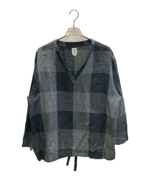 South2 West8（サウスツー ウエストエイト）South2 West8 (サウスツー ウエストエイト) String V Neck Shirt - Linen Block Plaid ブラック サイズ:Sの古着・服飾アイテム