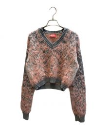 DIESEL（ディーゼル）の古着「クロップドVネックニット」｜ピンク×グレー