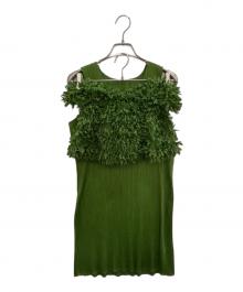 PLEATS PLEASE（プリーツプリーズ）の古着「ベアトップ＆プリーツノースリーブブラウス」｜グリーン