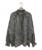 journal standard luxeジャーナルスタンダード ラックス）の古着「シャーリングチェック フリルパフブラウス」｜ホワイト×ブラック