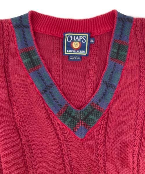 CHAPS RALPH LAUREN（チャップス ラルフローレン）CHAPS RALPH LAUREN (チャップス ラルフローレン) 80s Vネックケーブルニット レッド サイズ:XLの古着・服飾アイテム