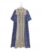 Aguniアグニ）の古着「パネルプリントランタンスリーブ柄ワンピース」｜ブルー×ホワイト