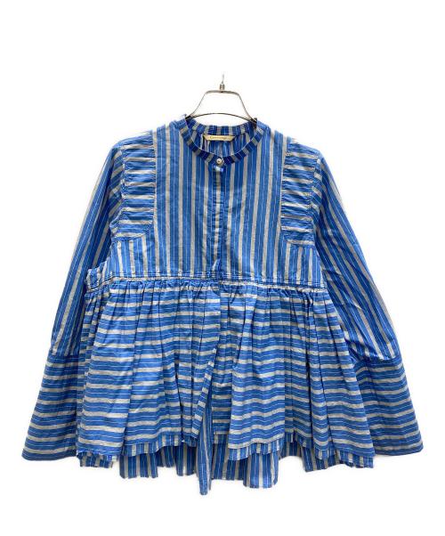 Curensology（カレンソロジー）Curensology (カレンソロジー) ストライプレイヤードギャザーブラウス ブルー サイズ:FREEの古着・服飾アイテム