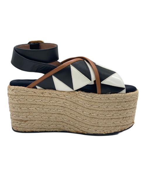 MARNI（マルニ）MARNI (マルニ) レザー トライバル ジオメトリック ウエッジソール クロスサンダル ブラック×ベージュ サイズ:サイズ詳細参照の古着・服飾アイテム