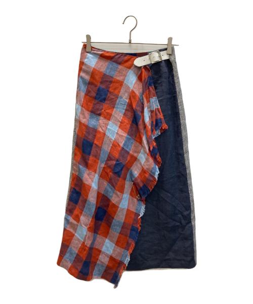 O'NEIL OF DUBLIN（オニールオブダブリン）O'NEIL OF DUBLIN (オニールオブダブリン) ープリーツアシンメトリックパッチワークスカート レッド×ネイビー サイズ:M（US6）の古着・服飾アイテム