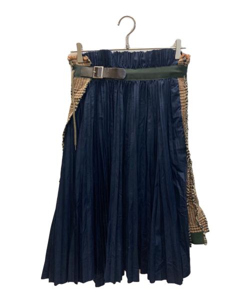 sacai（サカイ）sacai (サカイ) Pleat Wrap Skirt-Tweed ネイビー×ブラウン サイズ:1の古着・服飾アイテム
