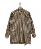 COMOLIコモリ）の古着「ストライプバンドカラーシャツ」｜ベージュ×ネイビー
