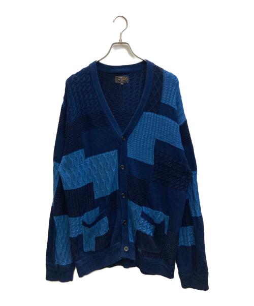 BEAMS PLUS（ビームスプラス）BEAMS PLUS (ビームスプラス) 5ゲージ コットン パッチワークライク ジャカード カーディガン ネイビー×ブルー サイズ:SIZE XLの古着・服飾アイテム