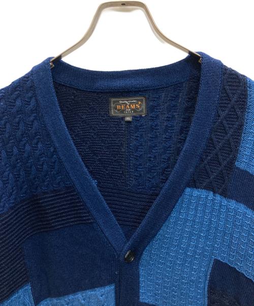 BEAMS PLUS（ビームスプラス）BEAMS PLUS (ビームスプラス) 5ゲージ コットン パッチワークライク ジャカード カーディガン ネイビー×ブルー サイズ:SIZE XLの古着・服飾アイテム