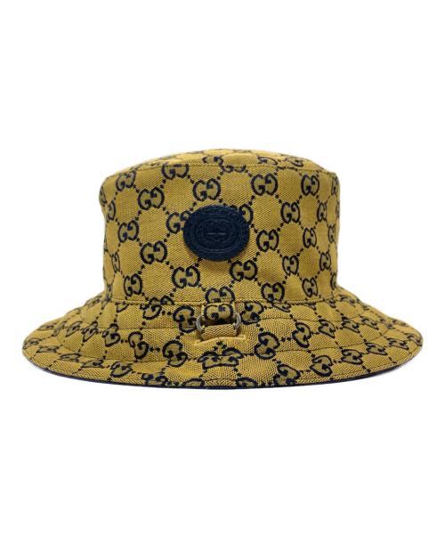 GUCCI（グッチ）GUCCI (グッチ) GGキャンバス ドローコードリバーシブルバケットハット ネイビー×イエローの古着・服飾アイテム