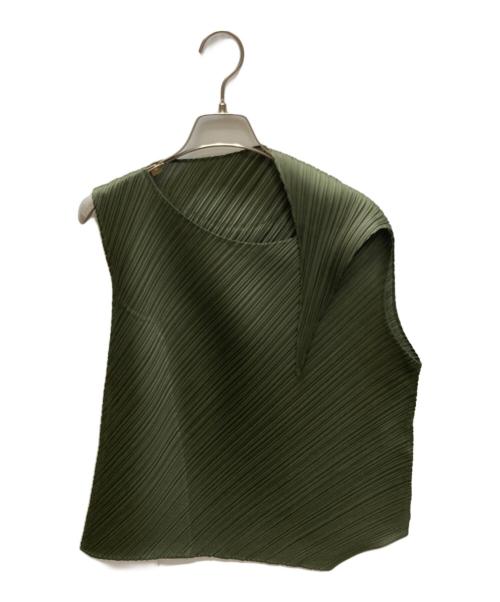 PLEATS PLEASE（プリーツプリーズ）PLEATS PLEASE (プリーツプリーズ) 変形アシンメトリー ノースリーブ プリーツ ブラウス グリーン サイズ:SIZE 3の古着・服飾アイテム