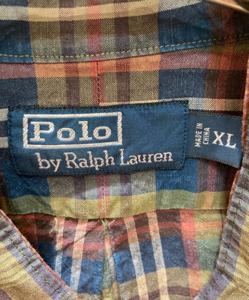 POLO RALPH LAUREN（ポロ・ラルフローレン）POLO RALPH LAUREN (ポロ・ラルフローレン) リネンシルク バンドカラーチェックシャツ グリーン×ネイビー サイズ:SIZE XLの古着・服飾アイテム