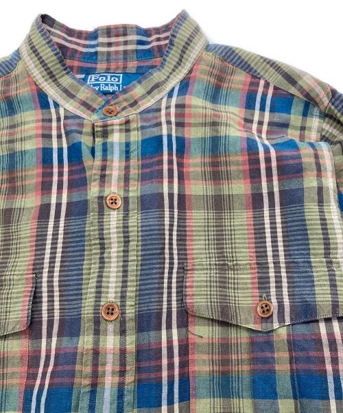 POLO RALPH LAUREN（ポロ・ラルフローレン）POLO RALPH LAUREN (ポロ・ラルフローレン) リネンシルク バンドカラーチェックシャツ グリーン×ネイビー サイズ:SIZE XLの古着・服飾アイテム