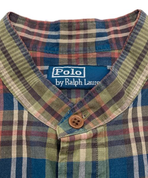 POLO RALPH LAUREN（ポロ・ラルフローレン）POLO RALPH LAUREN (ポロ・ラルフローレン) リネンシルク バンドカラーチェックシャツ グリーン×ネイビー サイズ:SIZE XLの古着・服飾アイテム