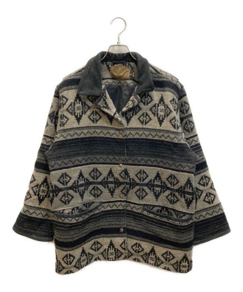 WOOLRICH（ウールリッチ）WOOLRICH (ウールリッチ) 襟レザーネイティブ柄ジャケット グレー サイズ:SIZE Mの古着・服飾アイテム
