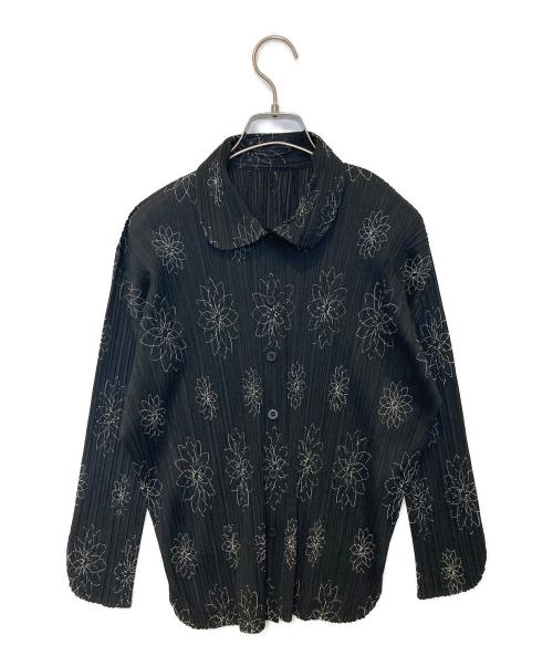 PLEATS PLEASE（プリーツプリーズ）PLEATS PLEASE (プリーツプリーズ) フラワーステッチプリーツシャツ ブラック サイズ:3の古着・服飾アイテム