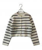 anuansアニュアンス）の古着「ラクーンブレンドノーカラーニットジャケット ボーダー 1524501047-0」｜ホワイト×ブラック