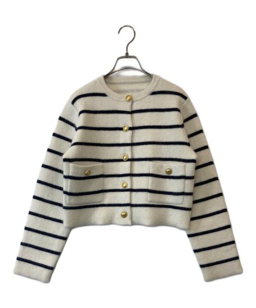 anuans（アニュアンス）anuans (アニュアンス) ラクーンブレンドノーカラーニットジャケット ボーダー 	1524501047-0 ホワイト×ブラック サイズ:Freeの古着・服飾アイテム