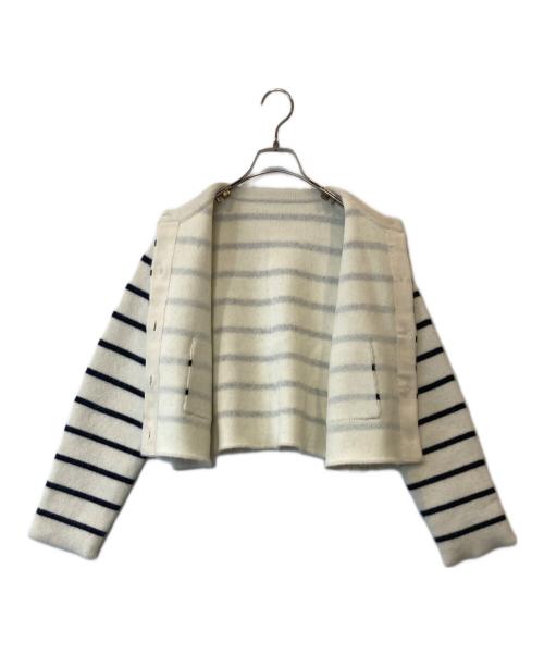 anuans（アニュアンス）anuans (アニュアンス) ラクーンブレンドノーカラーニットジャケット ボーダー 	1524501047-0 ホワイト×ブラック サイズ:Freeの古着・服飾アイテム