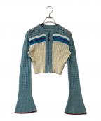 Mame Kurogouchiマメクロゴウチ）の古着「フレアスリーブウールシルクニットカーディガン MM18SS-KN012」｜ブルー×アイボリー