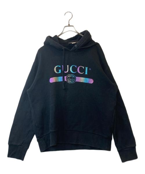 GUCCI（グッチ）GUCCI (グッチ) オーロラロゴプルオーバーオパーカー 475374 XJAPA ブラック サイズ:Mの古着・服飾アイテム