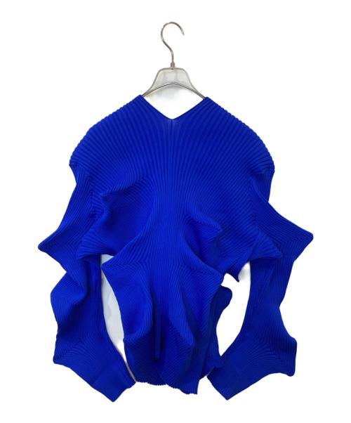 JNBY（ジェイエヌビーワイ）JNBY (ジェイエヌビーワイ) V neck Curved 3D cardigan 変形デザイン プリーツカーディガン　12279030 ブルー サイズ:36の古着・服飾アイテム