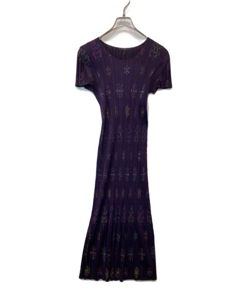 PLEATS PLEASE（プリーツプリーズ）PLEATS PLEASE (プリーツプリーズ) 結晶刺繍ノースリーブワンピース　PP53-JH725 パープル サイズ:2の古着・服飾アイテム