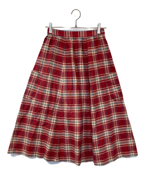 Mademoiselle NON NON（マドモアゼルノンノン）Mademoiselle NON NON (マドモアゼルノンノン) コットンステッチチェックワッシャー ギャザーフレアースカート D0351FSL012 レッド サイズ:1 未使用品の古着・服飾アイテム