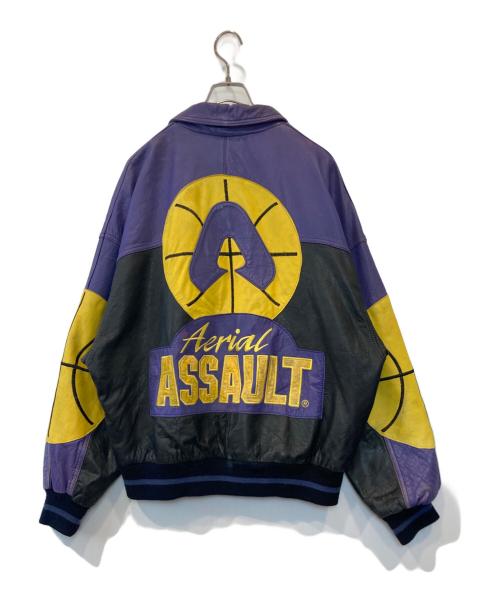 Aerial ASSAULT（エアリアルアサルト）Aerial ASSAULT (エアリアルアサルト) パッチワークレザーブルゾン パープル×イエロー サイズ:Lの古着・服飾アイテム