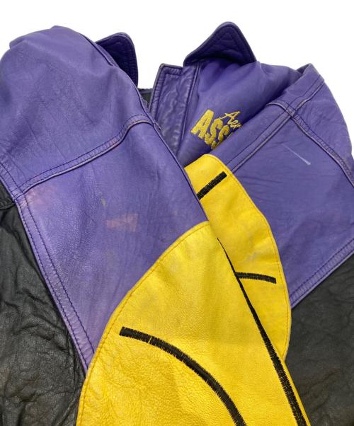 Aerial ASSAULT（エアリアルアサルト）Aerial ASSAULT (エアリアルアサルト) パッチワークレザーブルゾン パープル×イエロー サイズ:Lの古着・服飾アイテム