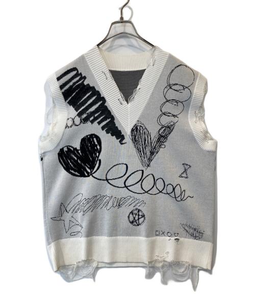 JNBY（ジェイエヌビーワイ）JNBY (ジェイエヌビーワイ) 総柄ニットベスト 13179049 ブラック×ホワイト サイズ:36の古着・服飾アイテム