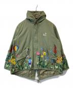 go slow caravanゴースローキャラバン）の古着「スラブサテンパネル刺繍モッズコート　390232」｜グリーン