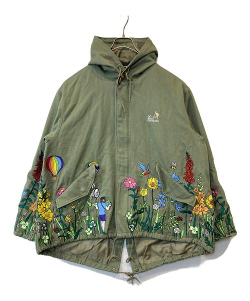 go slow caravan（ゴースローキャラバン）go slow caravan (ゴースローキャラバン) スラブサテンパネル刺繍モッズコート　390232 グリーン サイズ:2の古着・服飾アイテム