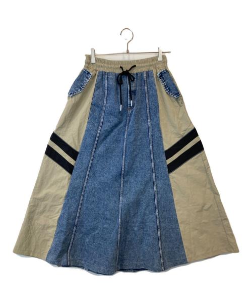 Pauline Bleu（ポリーヌブルー）Pauline Bleu (ポリーヌブルー) 異素材切替フレアースカート 86319 グリーン×ブルー サイズ:FREEの古着・服飾アイテム