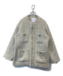 quaranciel（カランシエル）の古着「チェック ファンシー ツイード ノーカラー ジャケット」｜ベージュ