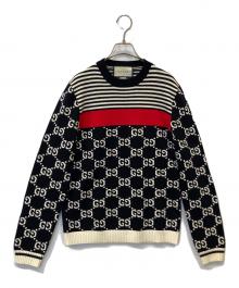 GUCCI（グッチ）の古着「GGジャガード ボーダー コットン プルオーバーニット 496458-X9107」｜ネイビー