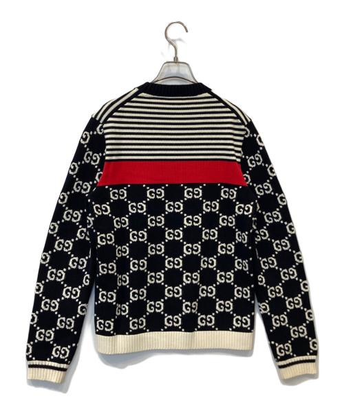 GUCCI（グッチ）GUCCI (グッチ) GGジャガード ボーダー コットン プルオーバーニット 496458-X9107 ネイビー サイズ:XSの古着・服飾アイテム