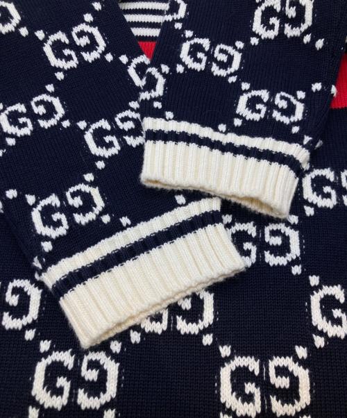 GUCCI（グッチ）GUCCI (グッチ) GGジャガード ボーダー コットン プルオーバーニット 496458-X9107 ネイビー サイズ:XSの古着・服飾アイテム