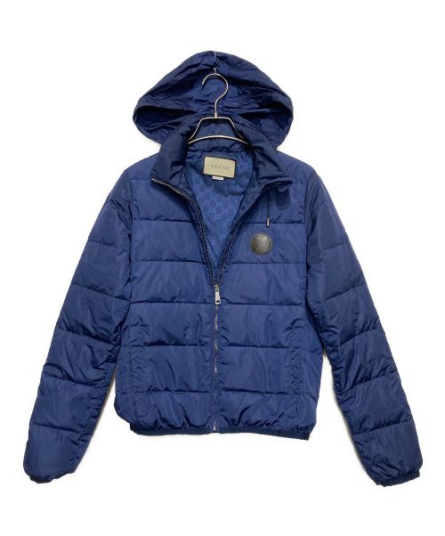 GUCCI（グッチ）GUCCI (グッチ) レザーロゴパッチダウンジャケット ブルー サイズ:SIZE38の古着・服飾アイテム