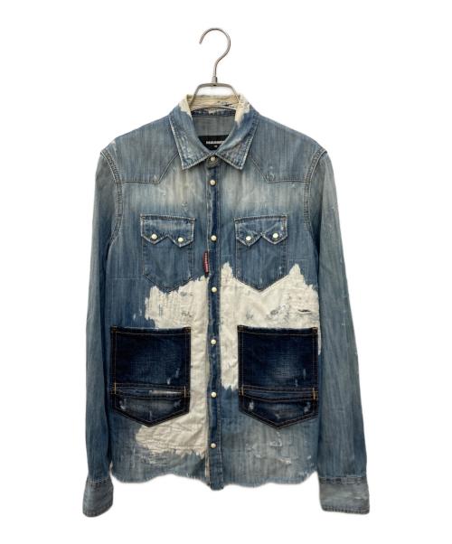 DSQUARED2（ディースクエアード）DSQUARED2 (ディースクエアード) 再構築ダメージデニムシャツ/パッチワーク/リメイク/長袖シャツ インディゴ サイズ:SIZE 42の古着・服飾アイテム