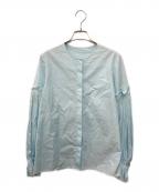 23区ニジュウサンク）の古着「袖ギャザーバンドカラーブラウス」｜スカイブルー