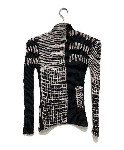 ISSEY MIYAKE（イッセイミヤケ）ISSEY MIYAKE (イッセイミヤケ) 幾何柄ハイネックプリーツカットソー ホワイト×ブラック サイズ:Ⅿの古着・服飾アイテム