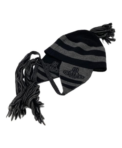 Vivienne Westwood（ヴィヴィアンウエストウッド）Vivienne Westwood (ヴィヴィアンウエストウッド) イヤーフラップニット帽 ブラック×グレーの古着・服飾アイテム