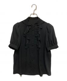 Loulou Willoughby（ルルウィルビー）の古着「フロントタックラッフル半袖ブラウス」｜ブラック
