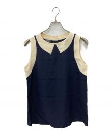 CHANEL（シャネル）の古着「マドモワゼル釦ノースリーブシルクブラウス」｜ネイビー×ホワイト