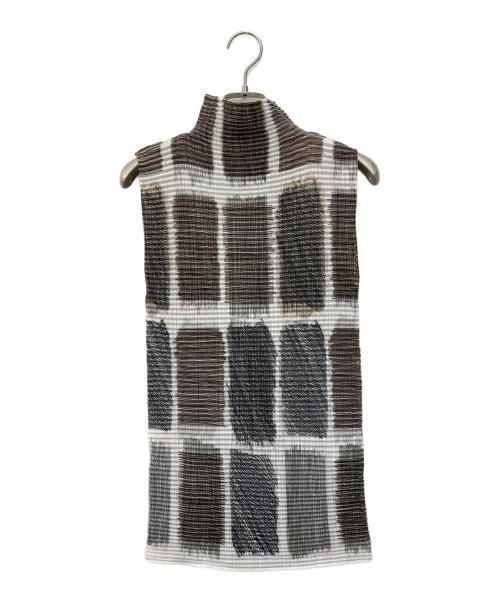 ISSEY MIYAKE（イッセイミヤケ）ISSEY MIYAKE (イッセイミヤケ) スクxゼアプリントノースリーブブラウス ホワイト×グレー サイズ:Mの古着・服飾アイテム